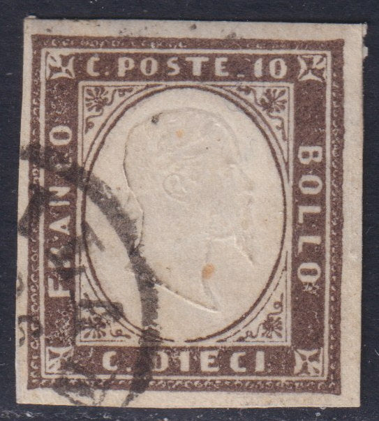 Sard510 - 1860 - IV emissione c. 10 bruno nerastro I tavola tiratura 1860 usato, estremamente raro e molto bello. (14Bb).