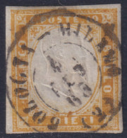 Sard508 - 1862 - IV emissione c. 10 bistro arancio Ii tavola usato con il raro ambulante Bologna - Milano (2) 4/2/63 (14Df, p.ti 12).