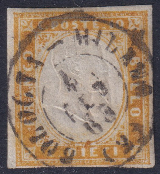 Sard508 - 1862 - IV emissione c. 10 bistro arancio Ii tavola usato con il raro ambulante Bologna - Milano (2) 4/2/63 (14Df, p.ti 12).