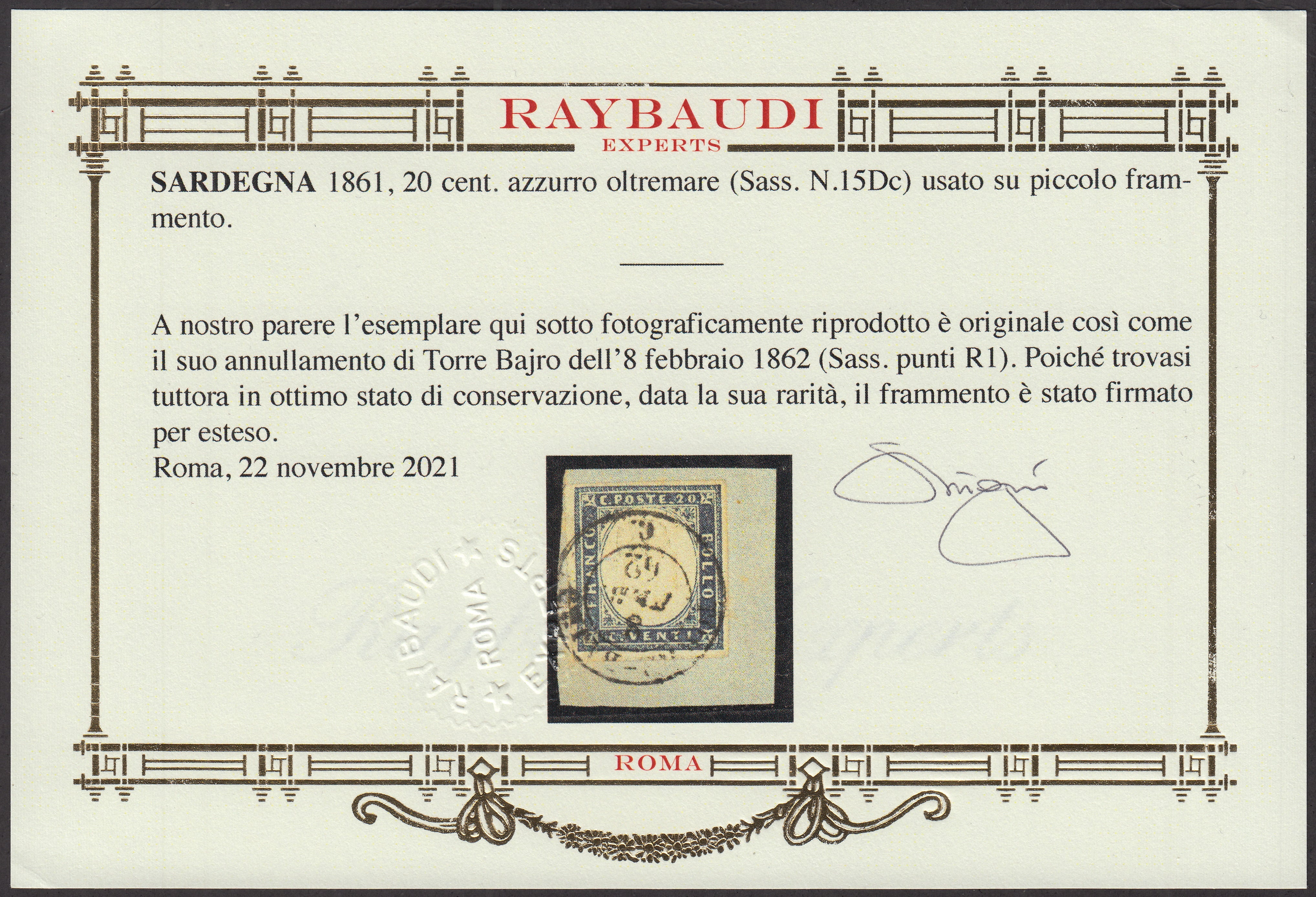 1855 - Sardinia IV issue c. 20 very dark ultramarine (15i) used.