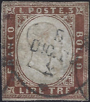 PP519 - 1861 - IV emissione L. 3 rame vivo usato con annullo di Livorno del 5/12/1863. Rarissimo uso nell'ultimo mese di validità delle emissioni Matraire. (18A).