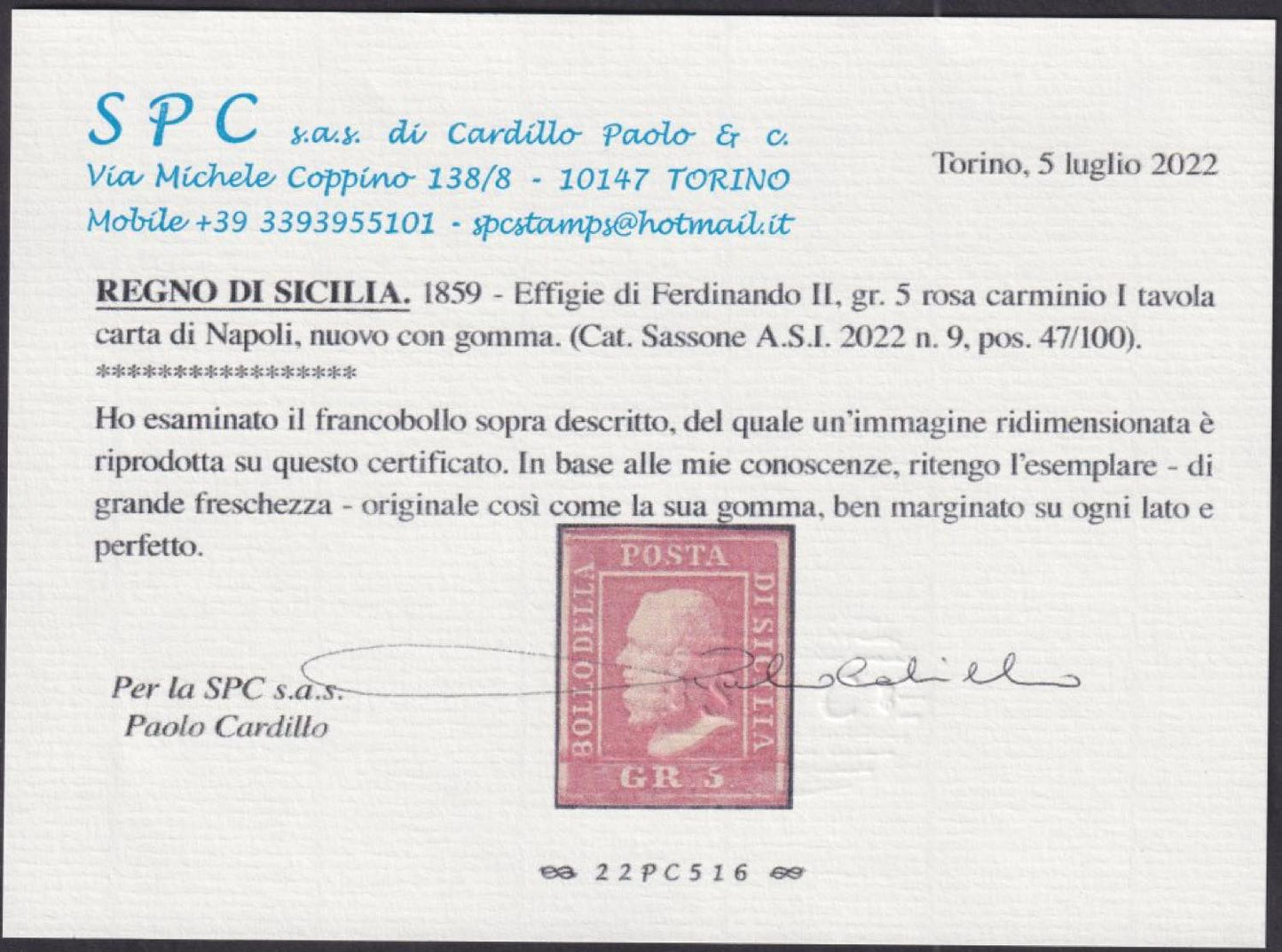 F17_154 - 1859 - Effigie di Ferdinando II di Borbone, 5 grana rosa carminio I tavola carta di Napoli nuovo con gomma, colore splendido. (9).