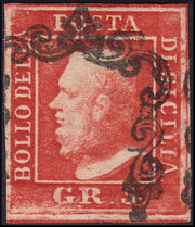 SIC10 - 1859 - Effigie di Ferdinando II di Borbone, 5 grana vermiglio I tavola carta di Palermo usato, raro e molto bello. (10a, posizione n. 97).