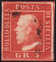 SIC11 - 1859 - Effigie di Ferdinando II di Borbone, 5 grana vermiglio II tavola carta di Palermo usato, raro e molto bello. (11).