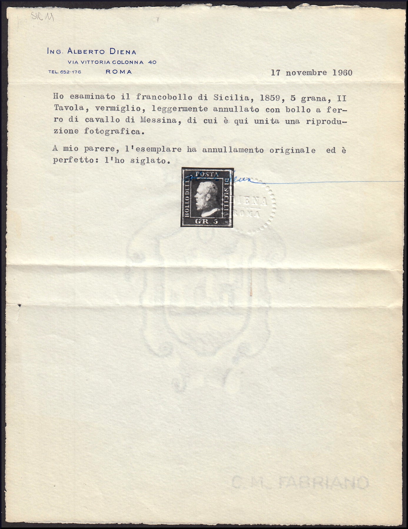 SIC11 - 1859 - Effigie di Ferdinando II di Borbone, 5 grana vermiglio II tavola carta di Palermo usato, raro e molto bello. (11).