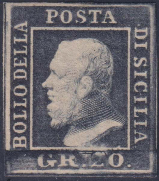 F17_162 - 1859 - Effigie di Ferdinando II di Borbone, 20 grana ardesia scuro carta di Napoli nuovo con gomma, presentante l'unico ritocco della tavola posizione n. 72. (13c).