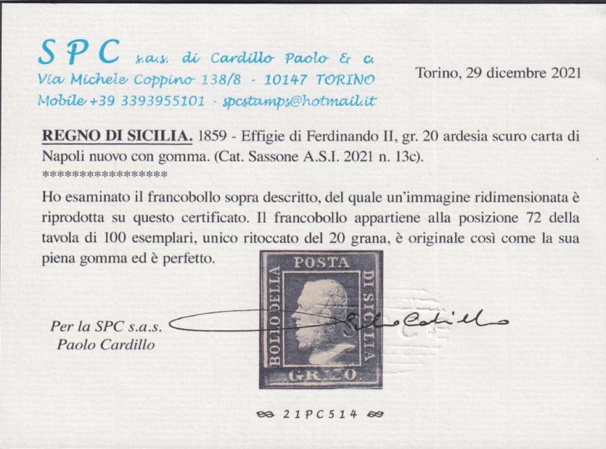 F17_162 - 1859 - Effigie di Ferdinando II di Borbone, 20 grana ardesia scuro carta di Napoli nuovo con gomma, presentante l'unico ritocco della tavola posizione n. 72. (13c).