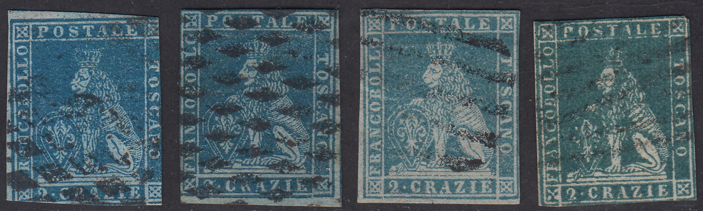 PV1597 - 1851 - Marzocco, 2 crazie lotto di quattro esemplari nei colori azzurro grigio, azzurro vivo, azzurro verdastro su carta azzurra + verde azzurro su carta grigia, usati, (5a, 5b, 5c, 5f).