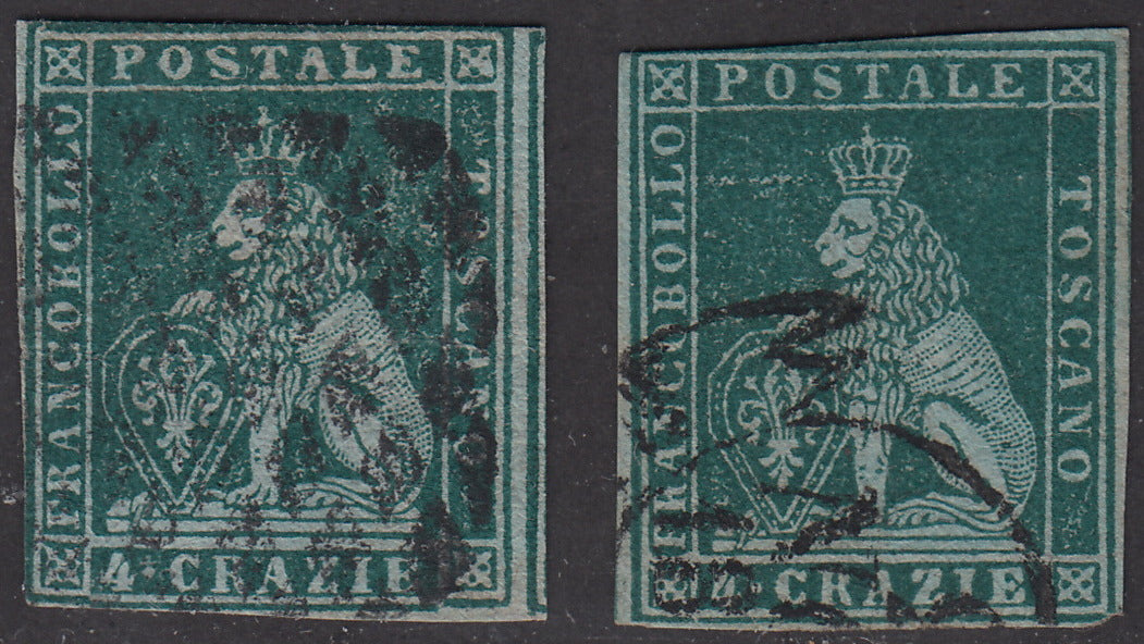 PV1619 - 1851 - Marzocco, 4 crazie due esemplari nei colori verde azzurro e verde scuro su carta azzurra, usati (6a, 6b).