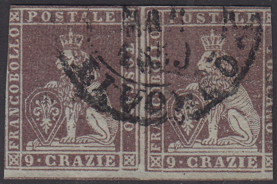 PV2088 - 1851 - Marzocco, 9 crazie bruno violaceo chiaro su carta grigia e filigrana corona coppia orizzontale usata. (8c).