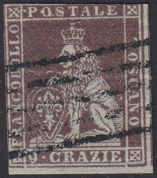 PV1684 - 1851 - Marzocco, 9 crazie bruno violaceo su carta grigia e filigrana corona usato. (8).