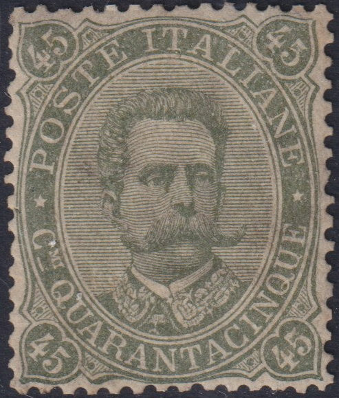 F31_77 - 1889 - Effigie i Umberto I, c.45 verde oliva nuovo con gomma, presenta un ottima centratura ed è perfetto. Grande rarità (46).