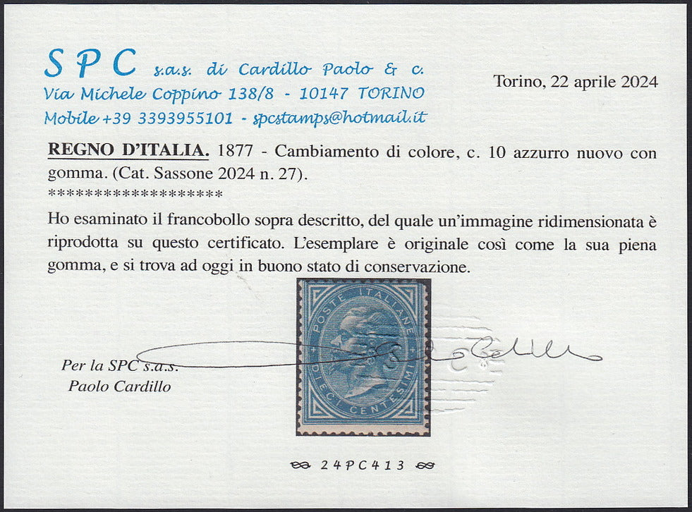 F31_78 - 1877 - Cambiamento di colore, c. 10 azzurro nuovo con gomma (27).