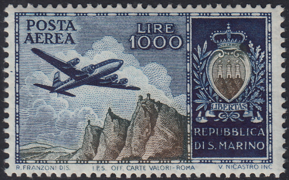 F31_97 - 1954 - Aereo, veduta e stemma, filigrana ruota alata, 1000 l. azzurro e oliva, nuovo con gomma integra. (112)