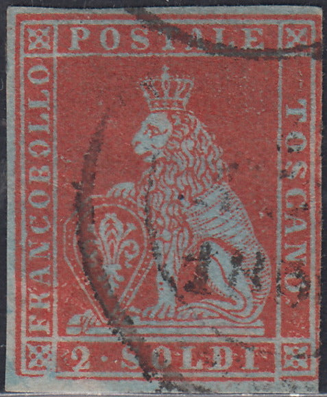 RL15 - 1851 - Leone di Marzocco, 2 soldi scarlatto su carta azzurra e filigrana corona usato, francobollo spendido e prestigioso (3).