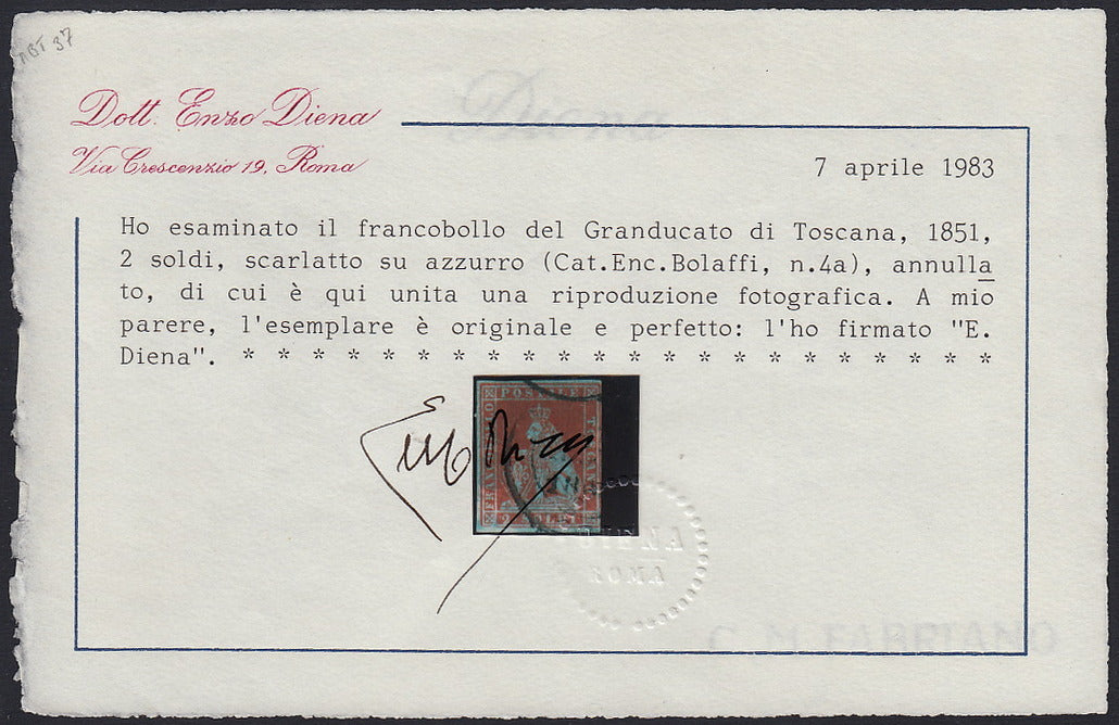 RL15 - 1851 - Leone di Marzocco, 2 soldi scarlatto su carta azzurra e filigrana corona usato, francobollo spendido e prestigioso (3).