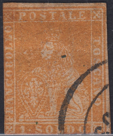 RL23 - 1857 - Leone di Marzocco, 1 soldo ocra su carta bianca e filigrana linee ondulate usato, ievi difetti ma raro (11).