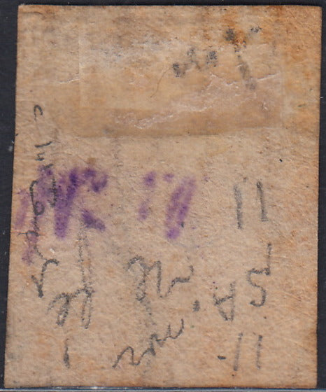 RL23 - 1857 - Leone di Marzocco, 1 soldo ocra su carta bianca e filigrana linee ondulate usato, ievi difetti ma raro (11).