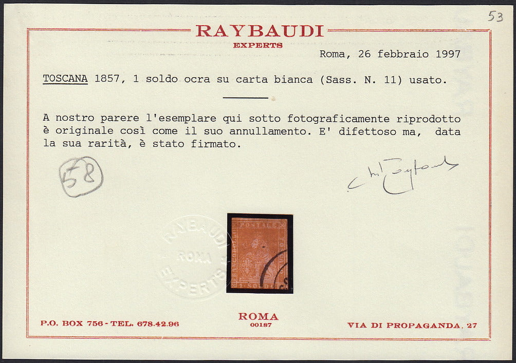 RL23 - 1857 - Leone di Marzocco, 1 soldo ocra su carta bianca e filigrana linee ondulate usato, ievi difetti ma raro (11).