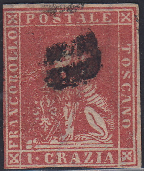 T99 - 1851 - Leone di Marzocco, 60 dark scarlet crazie on gray paper and crown watermark, used (9)