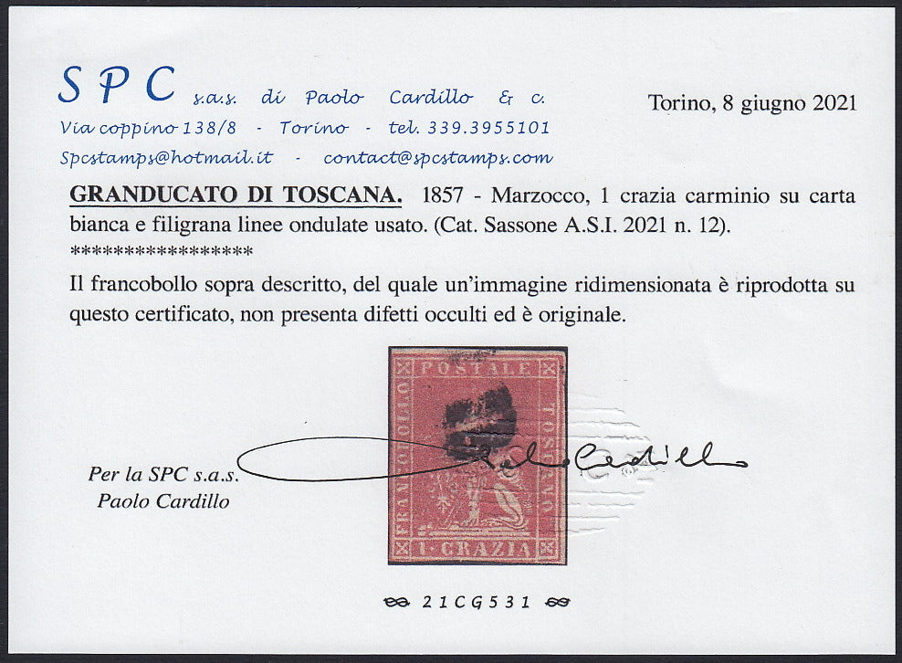 RL25 - 1857 - Leone di Marzocco, 1 crazia carminio su carta bianca e filigrana linee ondulate usato (12).