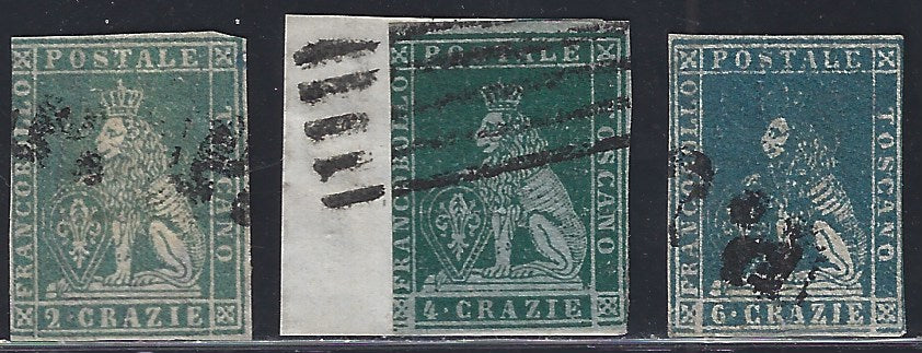 RL26/28 - 1857 - Leone di Marzocco, insieme di valori su carta bianca e filigrana linee ondulate. (13, 14, 15).