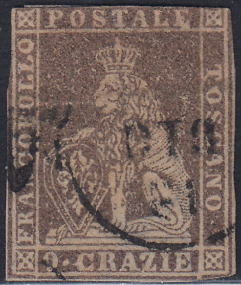 T99 - 1851 - Leone di Marzocco, 60 dark scarlet crazie on gray paper and crown watermark, used (9)