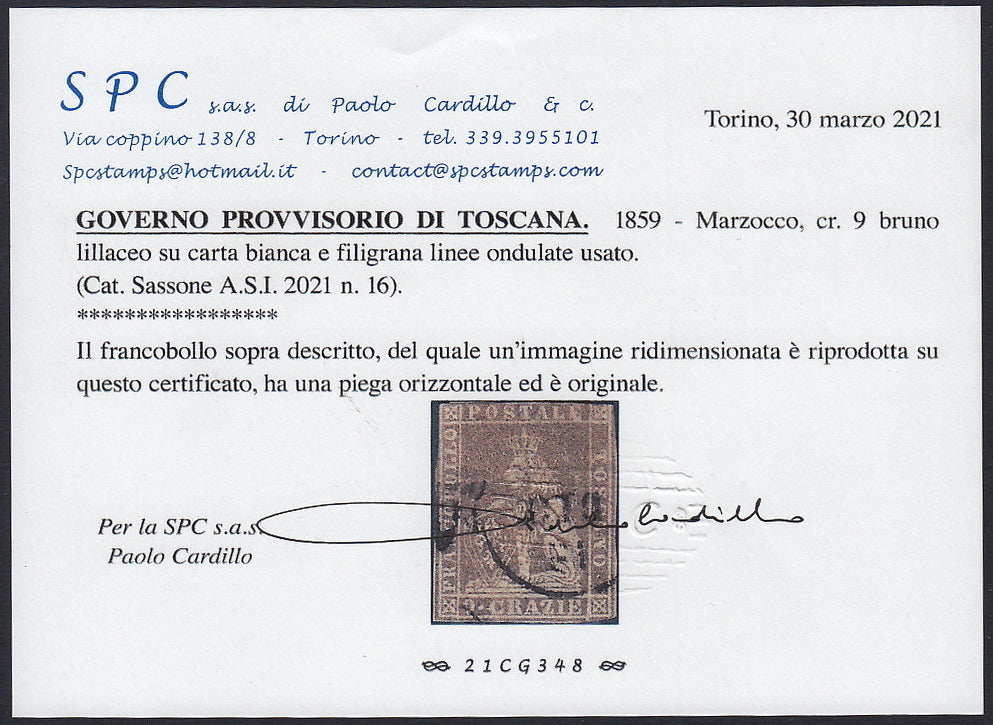 T99 - 1851 - Leone di Marzocco, 60 dark scarlet crazie on gray paper and crown watermark, used (9)