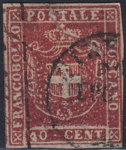 T99 - 1851 - Leone di Marzocco, 60 dark scarlet crazie on gray paper and crown watermark, used (9)