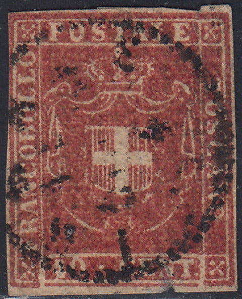 T99 - 1851 - Leone di Marzocco, 60 dark scarlet crazie on gray paper and crown watermark, used (9)