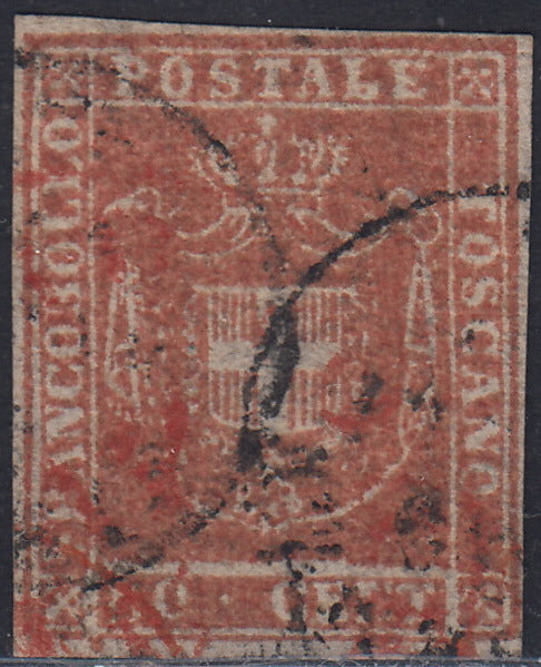 T99 - 1851 - Leone di Marzocco, 60 dark scarlet crazie on gray paper and crown watermark, used (9)