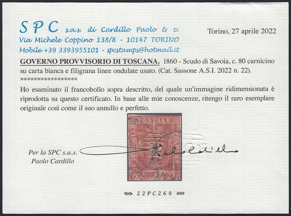 T99 - 1851 - Leone di Marzocco, 60 dark scarlet crazie on gray paper and crown watermark, used (9)