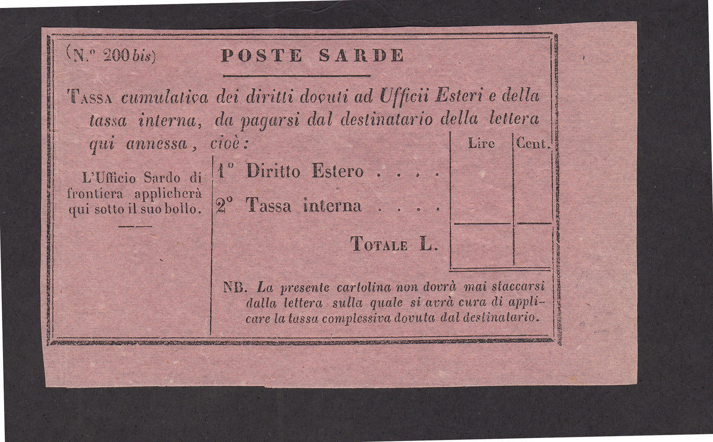 Sard309 - 1851 - Segnatasse modello n. 200bis rosa, “NB” in basso su tre righe, nuovo (4).