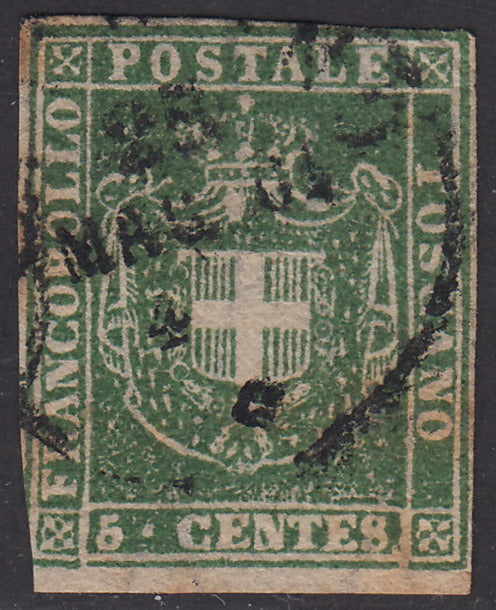 PV1849 - 1860 - Scudo di Savoia sormontato da Corona Reale, c. 5 verde giallastro usato, colore non comune e difficile da identificarsi. (18c).