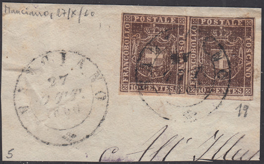 PV2111 - 1860 - Shield of Savoy surmounted by Royal Crown, c. 10 brown horizontal pair used on fragment with MANCIANO cancellation. (19).