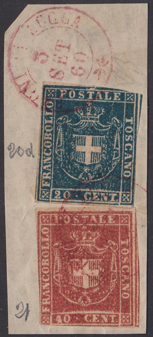 PV2115 - 1860 - Escudo de Saboya coronado por la Corona Real, c. 20 azul oscuro + c. 40 carmín en fragmento de carta dirigida a Gran Bretaña. (20d+21).