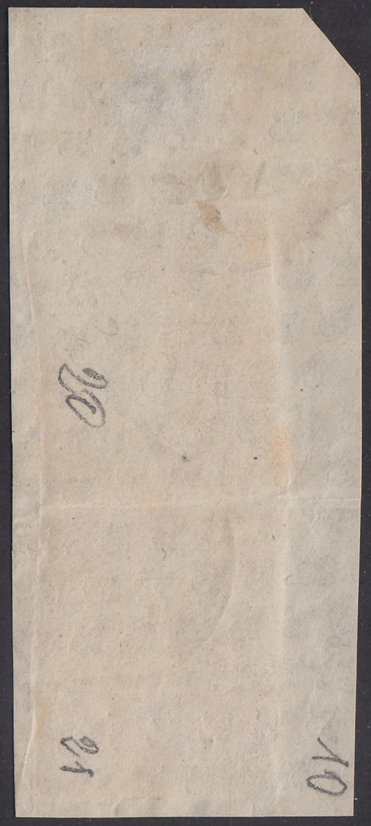 PV2115 - 1860 - Scudo di Savoia sormontato da Corona Reale, c. 20 azzurro cupo + c. 40 carminio su frammento di lettera diretta in Gran Bretagna. (20d + 21).