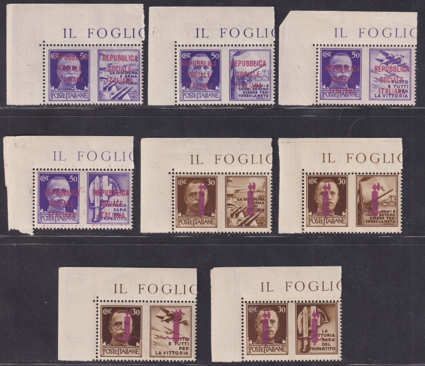 RSI407 - 1944 - War propaganda, series of 8 copies with lilac overprint on two sections of Florence, new with intact gum. (41/I-48/I). All signed Chiavarello.