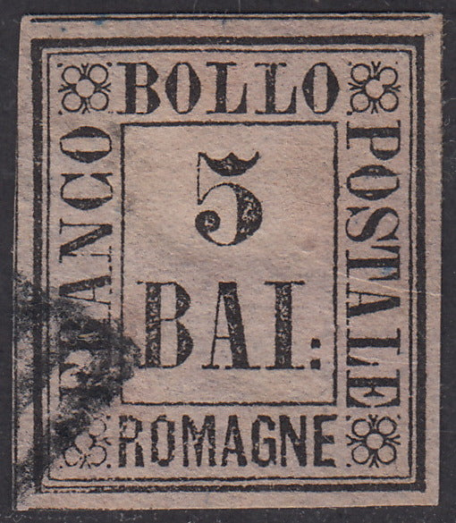 PV1357 - 1859 - Cifra in un rettangolo, 5 baj violetto usato con griglia, un punto chiaro, annullo marginale ma originale. (6).