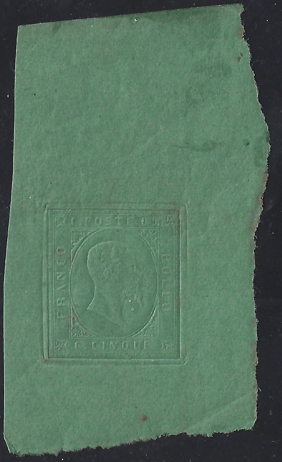 F6_113 - 1853 - II emissione, Prova di conio del c. 5 su carta verde di medio spessore, nuova con piena gomma integra, identica al francobollo emesso.