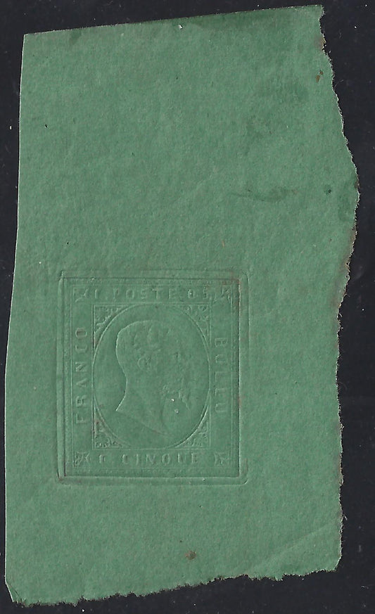 F6_113 - 1853 - II issue, Minting proof of c. 5 on medium thickness green paper, new with full gum intact, identical to the issued stamp.