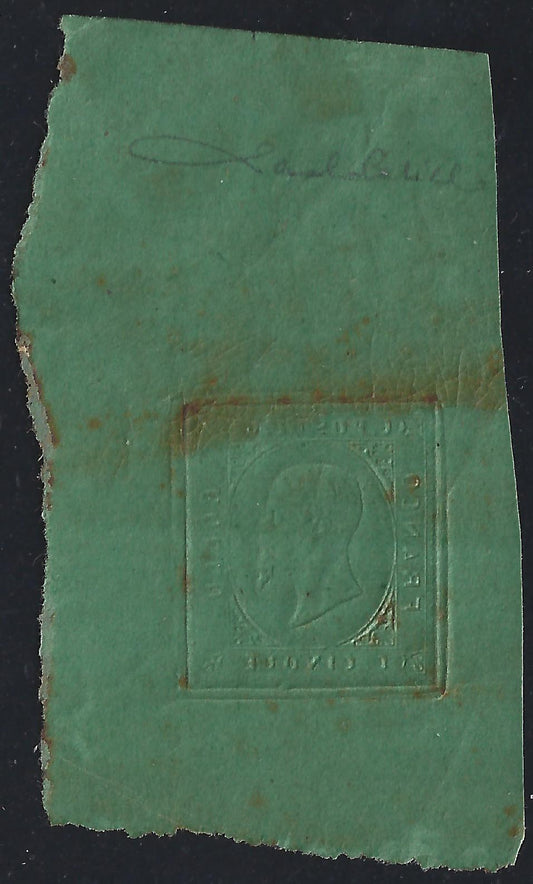F6_113 - 1853 - II emissione, Prova di conio del c. 5 su carta verde di medio spessore, nuova con piena gomma integra, identica al francobollo emesso.