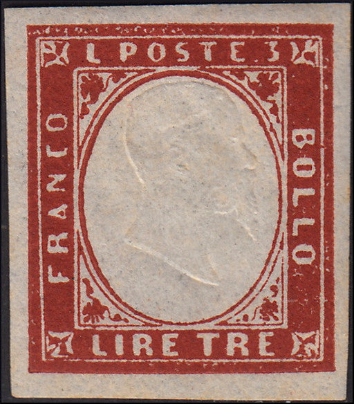 F6_120 - 1861 - IV emissione, prova di colore del L. 3 in rosso chiaro su carta bianca media nuovo con gomma (18, prova).