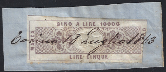 F6_127 - 1863 - Marca da bollo "sino a lire 10000" da L. 5 viola, usata con data a penna su frammento.