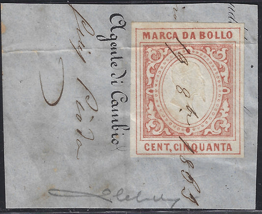F6_128 - 1863 - Revenue stamp from c. 50 orange red, used with date in pen on fragment.