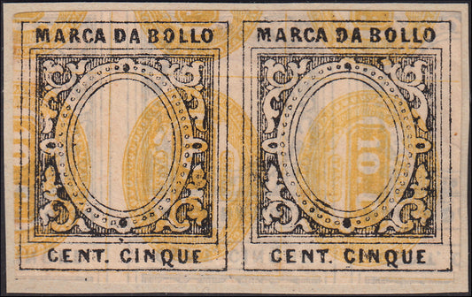 P83- 1863 - Coppia orizzontale, prova di stampa della Marca da Bollo da c. 5 senza effigie sovrana, su carta usata per le prove di macchina del Segnatasse n. 1 giallo.