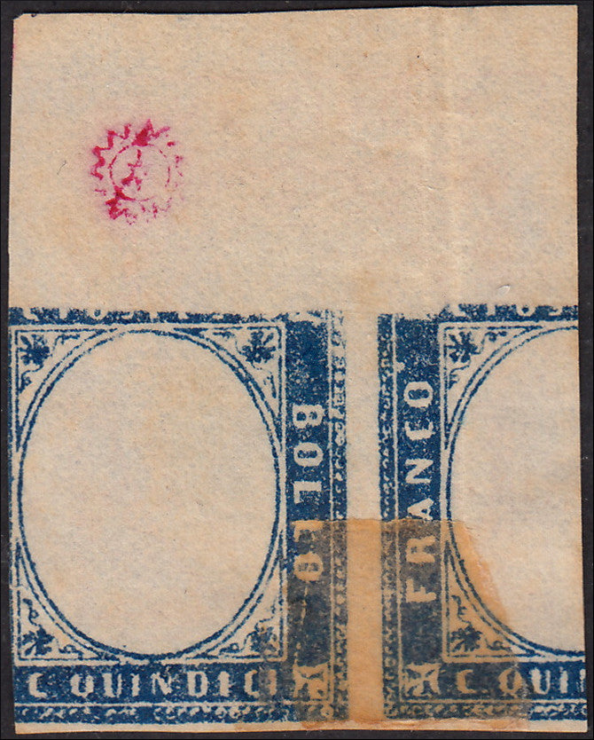 ZZ929 - 1863 - Parte di foglio da Prova di macchina del c. 15 azzurro tipo Sardegna, stampata su carta sottile precedentemente usata per la prova della Marca da Bollo,