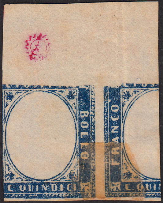 ZZ929 - 1863 - Parte di foglio da Prova di macchina del c. 15 azzurro tipo Sardegna, stampata su carta sottile precedentemente usata per la prova della Marca da Bollo,
