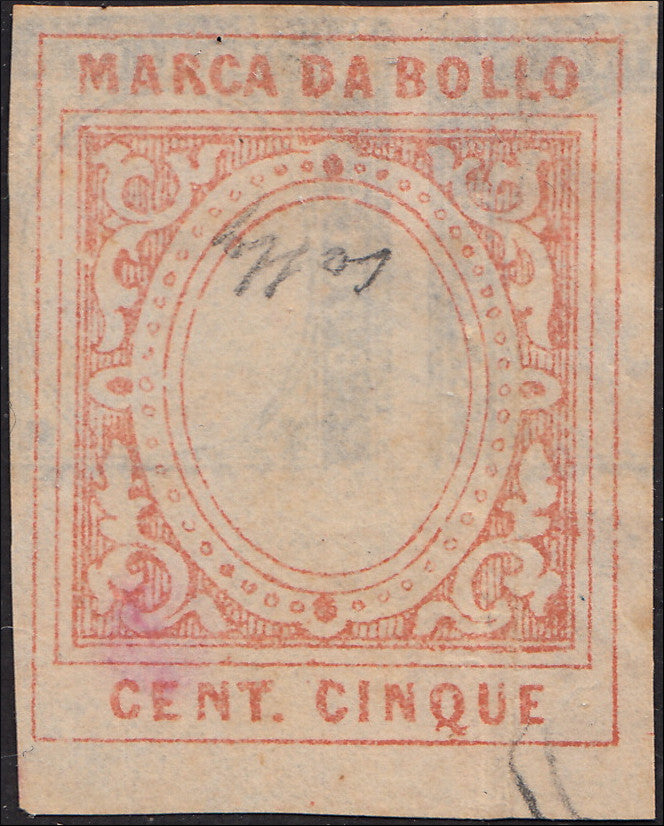 ZZ929 - 1863 - Parte di foglio da Prova di macchina del c. 15 azzurro tipo Sardegna, stampata su carta sottile precedentemente usata per la prova della Marca da Bollo,