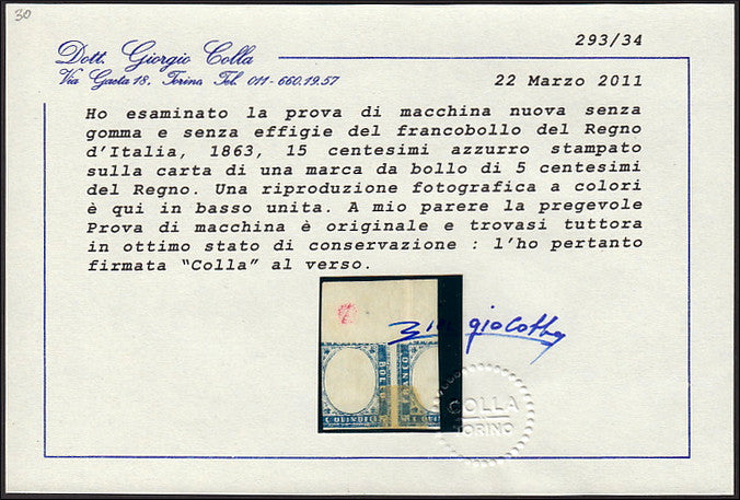 ZZ929 - 1863 - Parte di foglio da Prova di macchina del c. 15 azzurro tipo Sardegna, stampata su carta sottile precedentemente usata per la prova della Marca da Bollo,